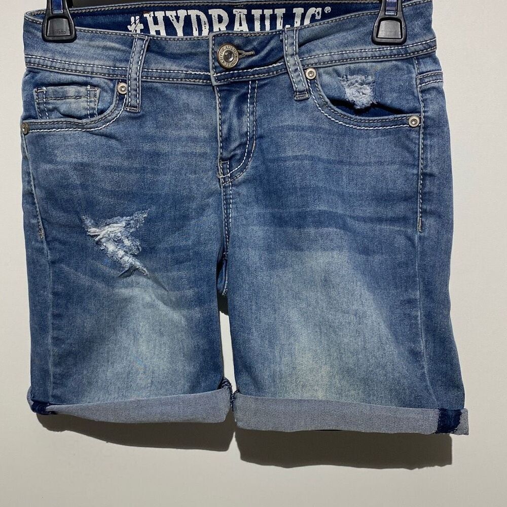 Hydraulic Women's Blue Distressed Embroidered Cuffed Denim Bermuda Shorts Size 0